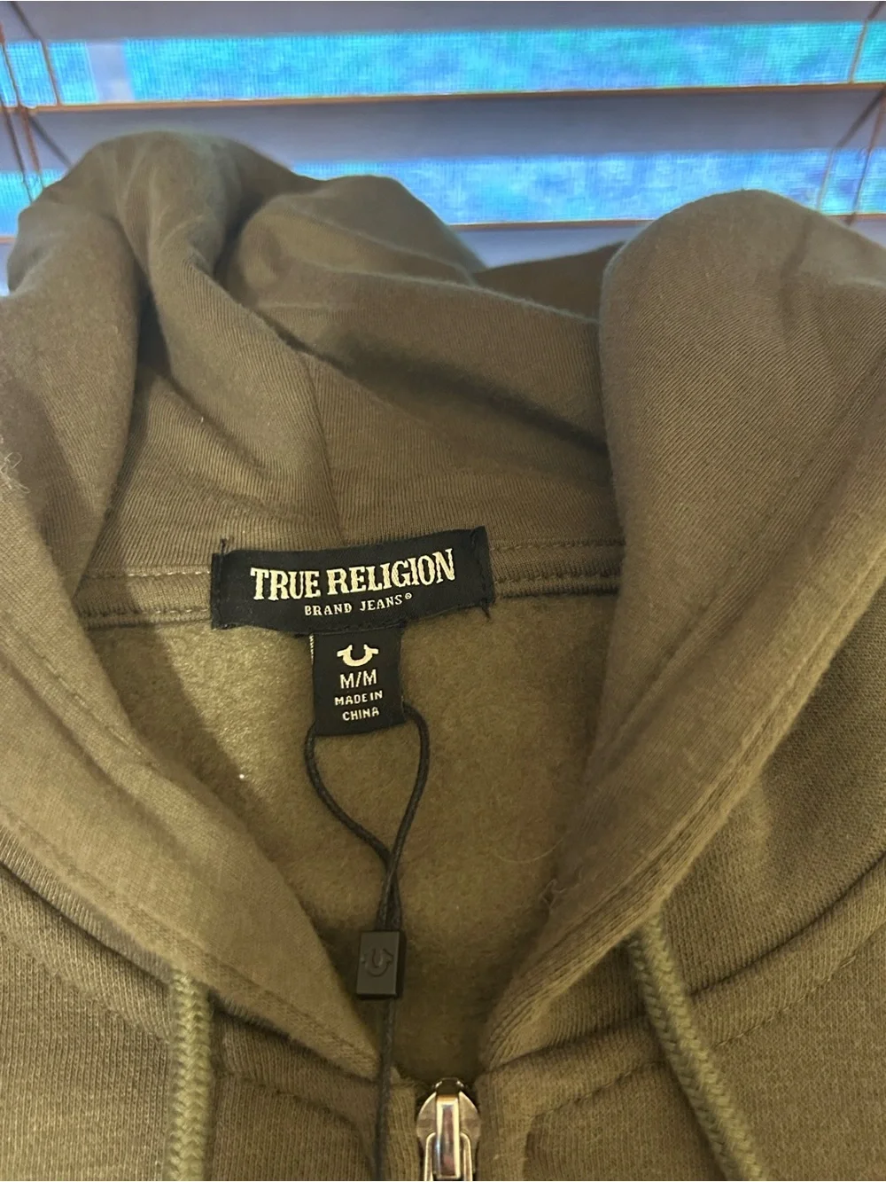 True Religion Men's Olive Zip-Up Hoodie with Subtle Chest Logo